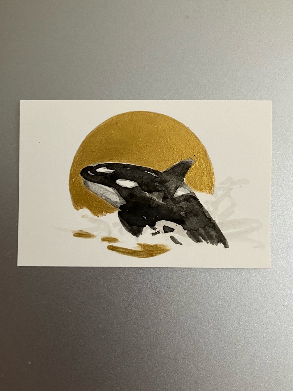 ORIGINAL orca killer whale painting miniature realism art sumi-e gold artwork US